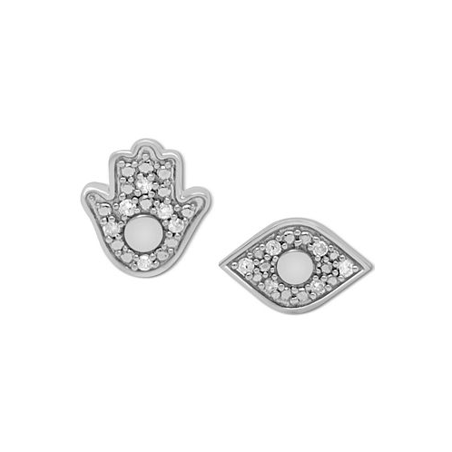 Macys Diamond Hamsa Hand & Evil Eye Mismatch Stud Earrings (1/10 ct. t.w.) in Sterling Silver