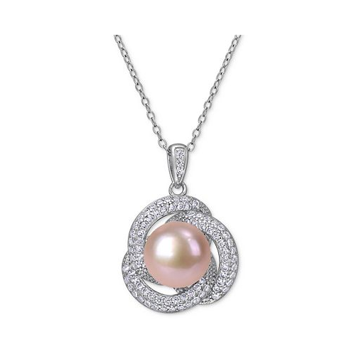 Macys Pink Cultured Freshwater Pearl (10-1/2mm) & Cubic Zirconia Love Knot 18 Pendant Necklace in Sterling Silver