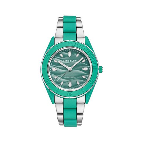 Anne Klein Womens Silver-Tone and Pastel Green Solar Ocean Work Plastic Bracelet Watch 38.5mm