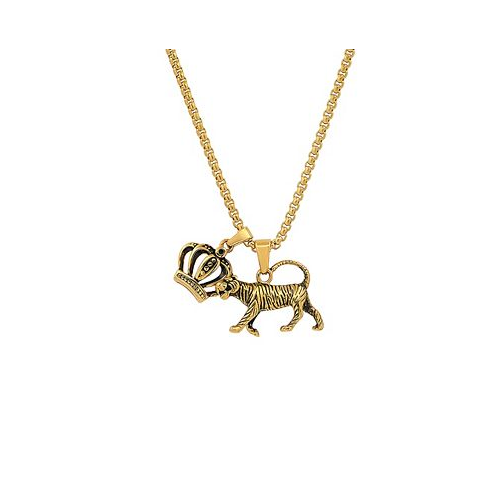 STEELTIME Mens 18k Gold Plated Stainless Steel Tiger and Crown Pendant Necklaces