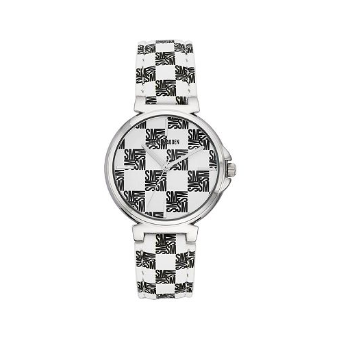 Womens Dual Colored Black and White Polyurethane Leather Strap with Steve Madden Logo in Checkered Pattern and Stitching Watch 36mm