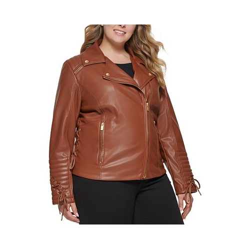 GUESS Womens Plus Size Faux-Leather Asymmetric Moto Coat