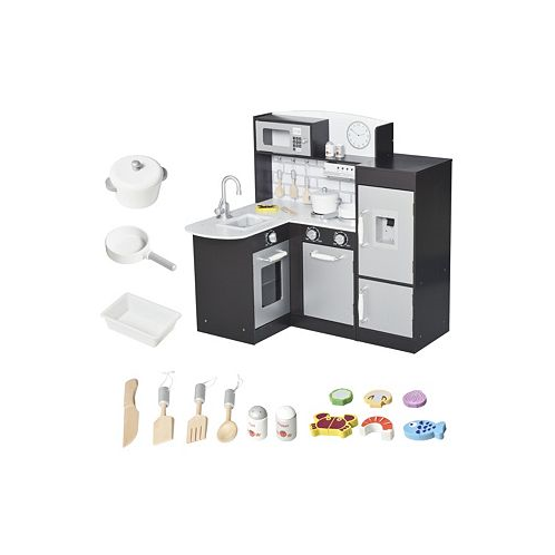 Qaba Childrens Cooking Kitchen w/ Microwave Fridge & Cabinets Black