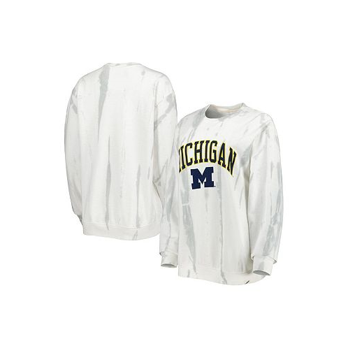 League Collegiate Wear Mens White Silver Michigan Wolverines Classic Arch Dye Terry Crewneck Pullover Sweatshirt
