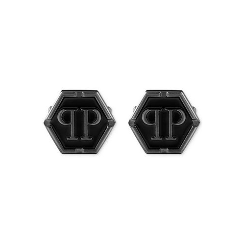 Philipp Plein Stainless Steel Logo Black Hexagon Cuff Links