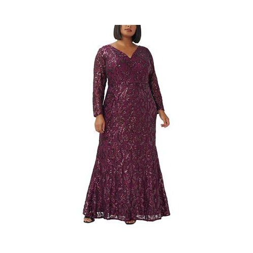 Adrianna Papell Plus Size Sequined Long-Sleeve V-Neck Gown