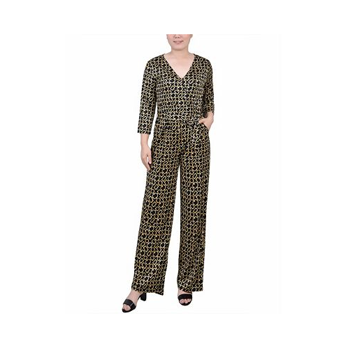 NY Collection Womens 3/4 Sleeve Belted Jumpsuit