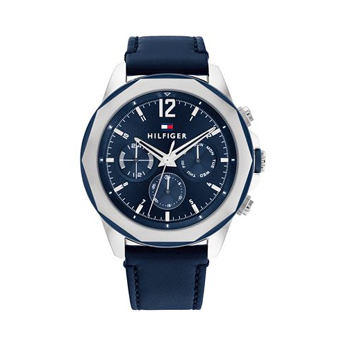 Tommy Hilfiger Mens Multifunction Navy Blue Leather Strap Watch 46mm