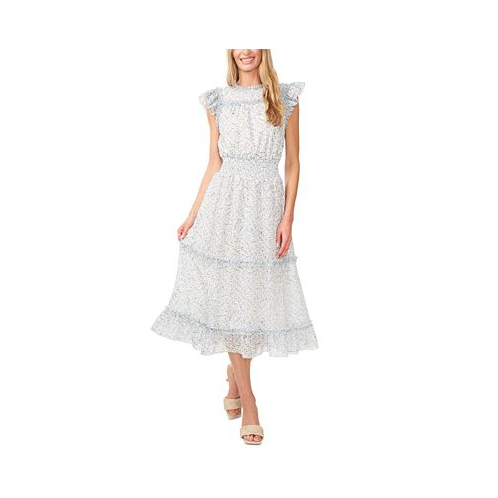 CeCe Womens Flutter-Sleeve Smocked-Waist Midi Dress