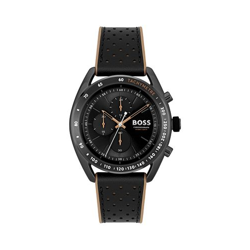 BOSS HUGO Mens Center Court Quartz Chronograph Black Leather and Brown Silicone Strap Watch 44mm