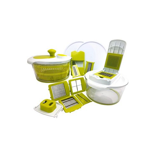 MegaChef 10-in-1 Multi-Use Salad Spinning Slicer Dicer and Chopper with Interchangeable Blades and Storage Lids