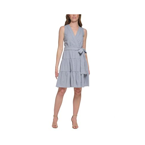 Tommy Hilfiger Womens Textured Striped Surplice-Neck Tiered Dress