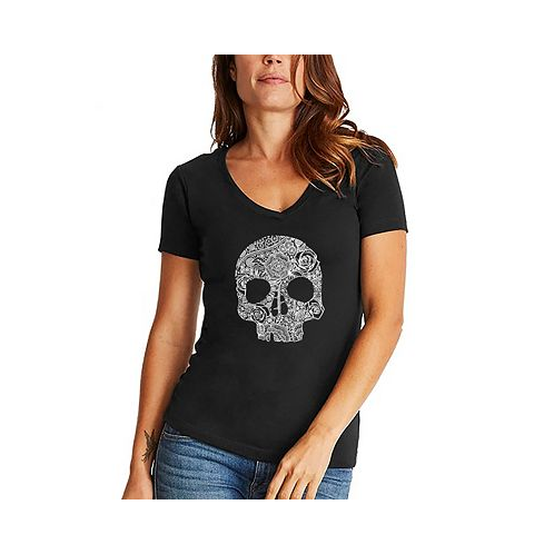 LA Pop Art Womens Flower Skull Word Art V-Neck T-shirt