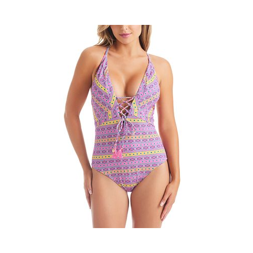 Jessica Simpson Womens Shine Bright Lace-Up One-Piece Swimsuit