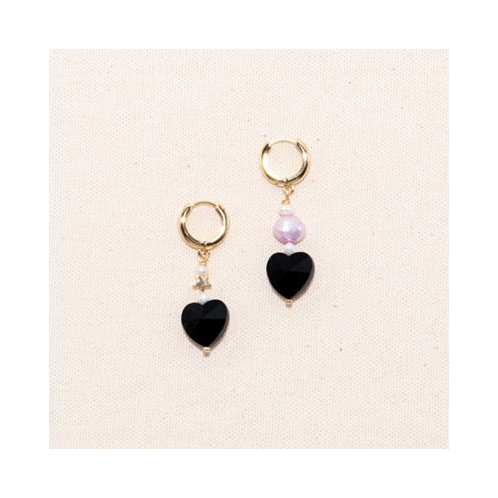 Joey Baby 18K Gold Plated Huggied with Pink Dyed Freshwater Pearls and Black Heart Charms - Madison Earrings For Women