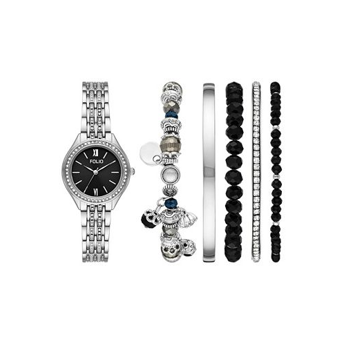 Folio Womens Three Hand Silver-Tone 30mm Watch and Bracelet Gift Set 6 Pieces