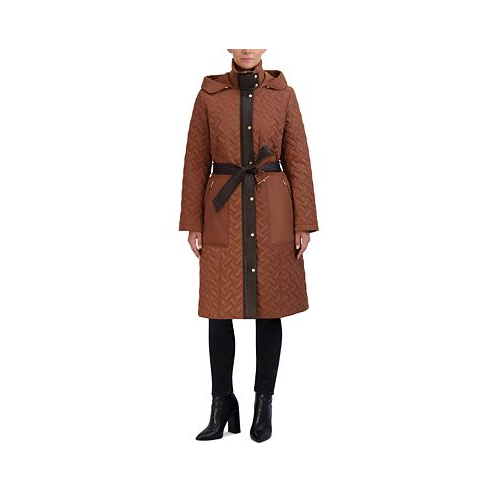 Cole Haan Womens Belted Hooded Quilted Coat
