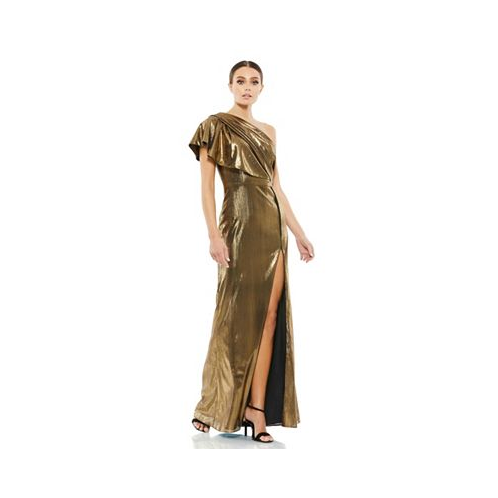 Mac Duggal Womens Ieena Ruffled One Shoulder Metallic Evening Gown