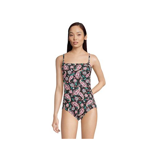 Lands End Womens Chlorine Resistant Smocked Square Neck One Piece Swimsuit with Adjustable Straps