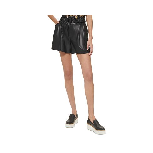 DKNY Womens Faux-Leather Pleated Logo-Belt Shorts