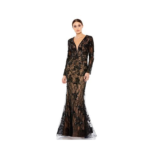 Mac Duggal Womens Embellished Long Sleeve Plunge Neck Trumpet Gown