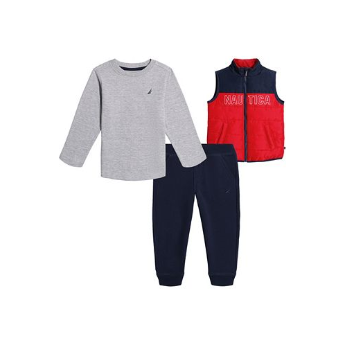 Nautica Baby Boys Long Sleeve Heather T-shirt Colorblock Puffer Vest and Fleece Joggers 3 Piece Set