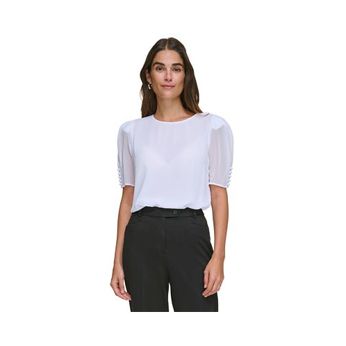 Calvin Klein Womens Elbow-Length Button-Sleeve Top