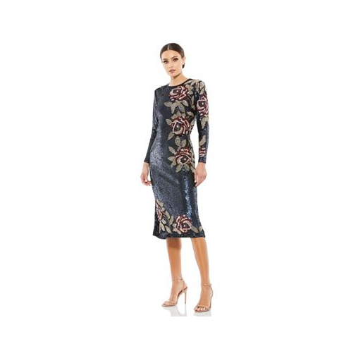 Mac Duggal Womens Sequined Asymmetrical Floral Long Sleeve Midi Dress