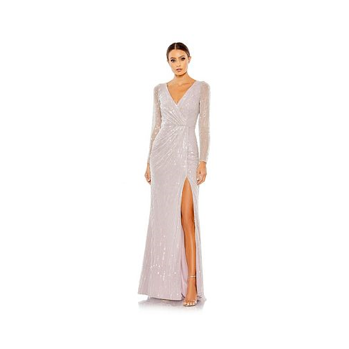 Mac Duggal Womens Sequined Faux Wrap Long Sleeve Gown