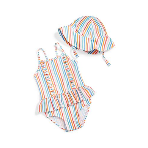 First Impressions Baby Girls Striped One Piece Swimsuit and Hat 2 Piece Set UPF 50