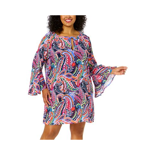 Anne Cole Plus Size Drawstring V-Neck Bell-Sleeve Tunic Cover-Up