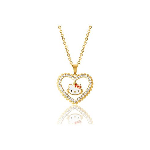 Hello Kitty Sanrio Brass Yellow Gold Plated Heart Cubic Zirconia Outlined Necklace with Dangle Authentic Officially Licensed