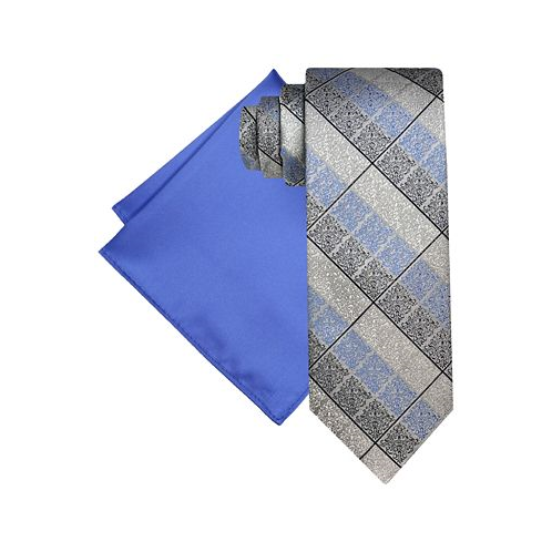Steve Harvey Mens Ornate Grid Tie & Solid Pocket Square Set