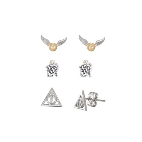 Harry Potter Silver Plated Stud Earrings Set HP Deathly Hallows and Golden Snitch- 3 Pairs