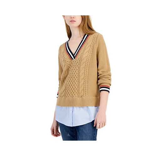 Tommy Hilfiger Womens Cable-Knit Layered-Look Sweater