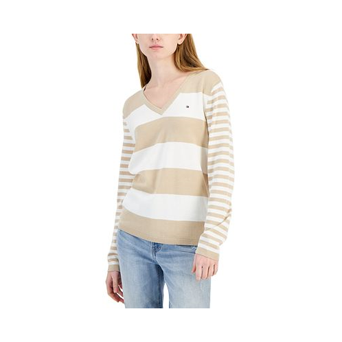 Tommy Hilfiger Womens Mixed-Stripe V-Neck Sweater