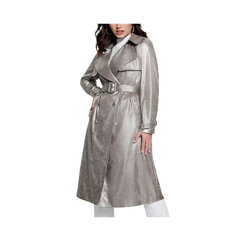 GUESS Womens Adele Double-Breasted Belted Metallic Trench Coat