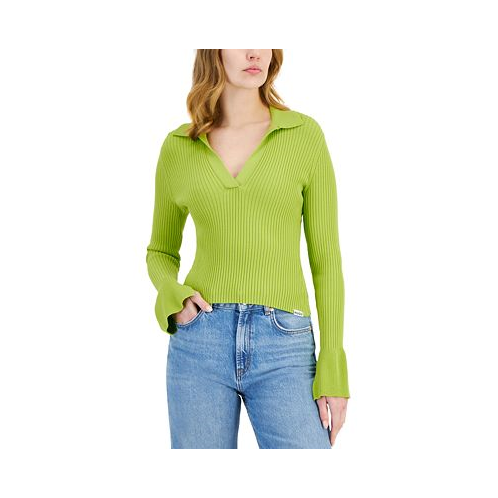 HUGO Womens Ribbed Long-Sleeve Collared V-Neck Knit Sweater