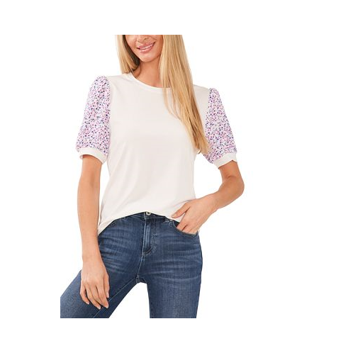 CeCe Womens Mixed-Media Floral-Print Puff-Sleeve Tee