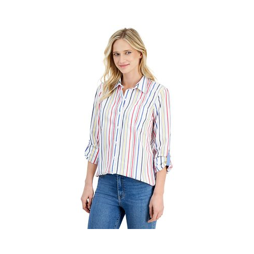 Nautica Jeans Womens Gateway Cotton Striped Roll-Tab Shirt