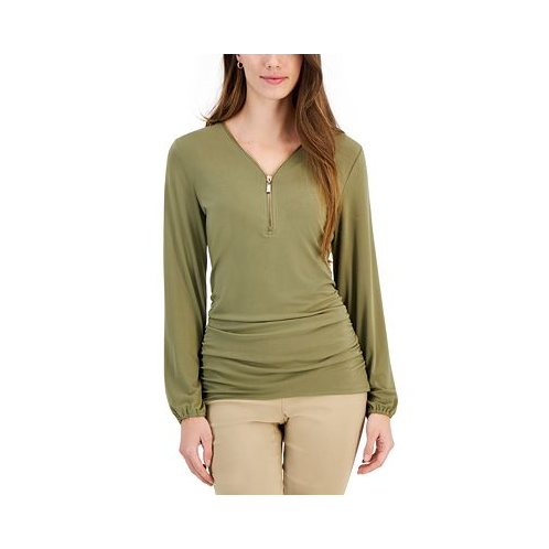 JM Collection Womens Zip V-Neck Ruched Front Top