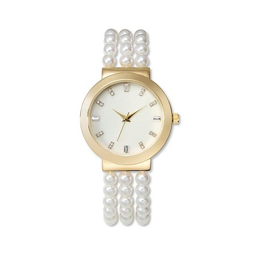 I.N.C. International Concepts Womens White Imitation Pearl Bracelet Watch 38mm