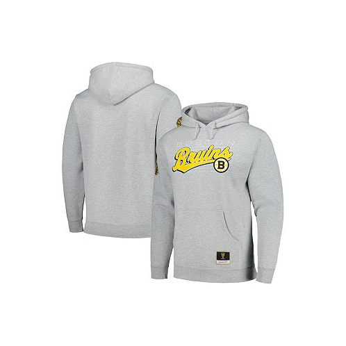 Mitchell & Ness Mens Heather Gray Boston Bruins 100th Anniversary Script Sweep Pullover Hoodie