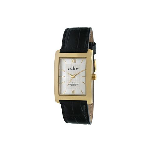 Peugeot Mens 30X40mm Gold Tank Shape Watch with Black Leather Strap