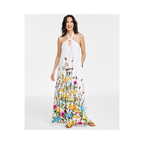 I.N.C. International Concepts Petite Linen-Blend Keyhole Halter Floral Maxi Dress