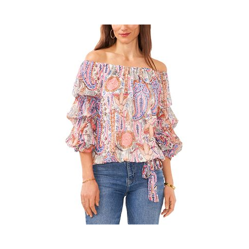 Vince Camuto Womens Paisley Off The Shoulder Bubble Sleeve Tie Front Blouse