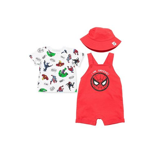 Marvel Avengers Spider-Man Boys French Terry Short Overalls T-Shirt & Hat 3 Pc Outfit Set Red/White