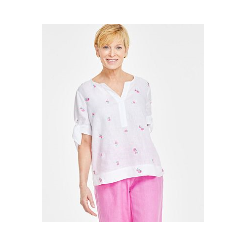 Charter Club Womens London 100% Linen Floral-Embroidered Top
