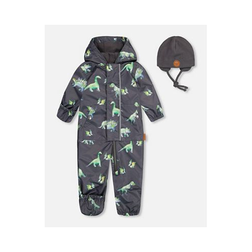 Deux par Deux Baby Boy Baby Mid-Season One Piece With Hat Grey Printed Dinosaurs - Infant