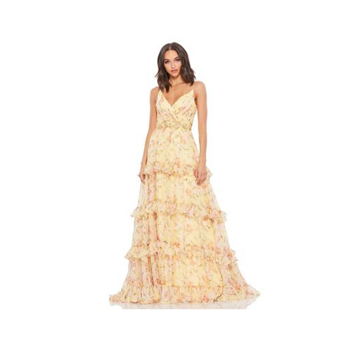 Mac Duggal Womens Tiered Floral Chiffon Gown